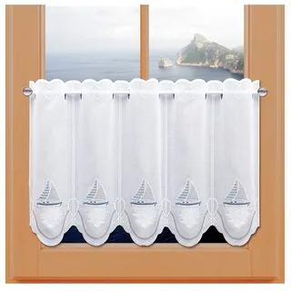 kollektion MT Maritime Scheibengardine Ostsee mit Segelboot Vogtländischer Spitze bestickter Scheibenhänger mit Schiffen Badgardine 45 x 128 cm