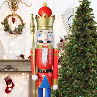CDL 120cm hoch lebensgroß groß rot Weihnachtsdekoration Holz Nussknacker König auf Ständer hält goldenen Zepter für drinnen und draußen Weihnachten Veranstaltung Zeremonien gewerbliche Dekoration K08