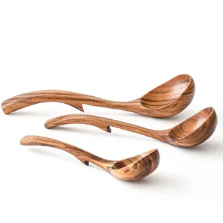 Gudamaye 3-teiliges Suppenkeller-Set aus Holz, 3 Haken für Schüssel, Schöpfkelle aus natürlichem Teakholz, 26,9 cm große Suppenkelle, 22,9 cm Servierlöffel und 20,3 cm Holzschöpfkelle zum Kochen