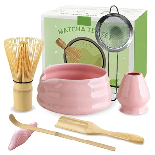 5-teiliges Matcha-set – Bambusbesen, Matcha-schale Mit Tülle, Geschenkidee Für Die Matcha-zeremonie – Rosa