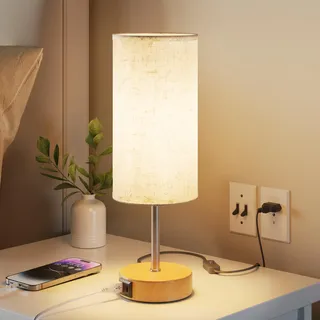 UPXNBOR Nachttischlampe, Tischlampe mit USB-A- und USB-C-Ladefunktion, Schreibtischlampe, Leselampe, Dekolampe Flur, Touchdimmbar, 3 Stufen Warmlicht, Leinen-Lampenschirm, 1,5m Kabel (E27-Lampe inkl)