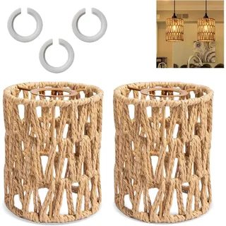 Lampenschirm Boho, 2 Stück Ø 12cm Pendelleuchtenschirm, für Hängelampen | Rattan Lampenschirm, E27 Lampenschirm Hängelampe mit Adapterring, Zylinder Rattan Lampenschirm, für das Wohnzimmer, Braun