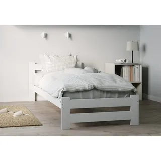 home collective Holzbett 90x200 cm mit Lattenrost Modern Bett Bed Kiefer Massiv Bettgestell Einzelbett Massivholzbett Klassisch | Boho Landhaus Kopfteil mittel weiß