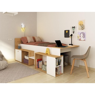Kombibett 90 x 200 cm mit Schreibtisch & Stauraum - Weiß & Holzfarben - PALOMA