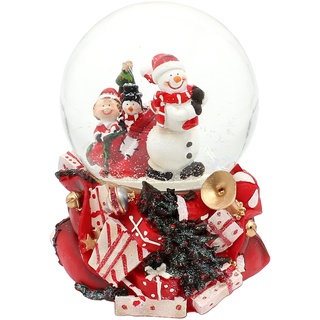 Dekohelden24 Große Schneekugel, Schneemann mit Pinguin und Wichtel, mit Sound, auf aufwendig dekoriertem Sockel, Maße L/B/H: 10 x 10 x 14 cm Kugel Ø 10 cm