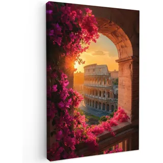 OnlyWow© Gartenbild 60x90 cm Outdoor Leinwand Terrasse Decoration Wanddeko Gartendeko Wetterfest Geschenk Wanddekoration Draußen Kolosseum - Rom - Rosa Blumen