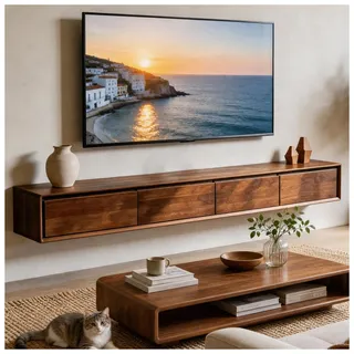 HZKSINNK Modernes Wand TV Board, TV Lowboard Hängend Tiefe 30 cm Mit Schubladen Und Klappe, TV Möbel Mit Kabelmanagement, TV Sideboard Für Wohnzimmer (2 Schubladen, 1 Klappe)(BrownB,240cm)