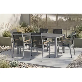 KETTLER Granada Garten-Essgruppe, silber/anthrazit, Alu/Spraystone/Textil, 160x95 cm, 6 Stapelsessel