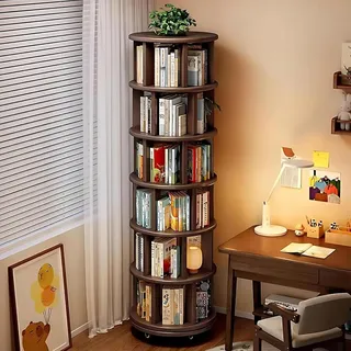 Scribora Drehbares Bücherregal: Massiv-Gummiholz 360° Rotierendes Rundes Kinder-Modell mit Feststellrollen, 7-Schichten, Platzsparend für Wohnzimmer, Kinderzimmer & Schlafzimmer
