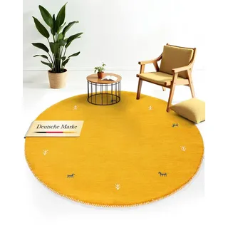 carpetfine Wollteppich Gabbeh Uni, rund, Höhe: 15 mm, reine Wolle handgewebt, Gabbeh Tiermotiv warmes Raumklima viele Größen gelb Ø 80 cm x 15 mm