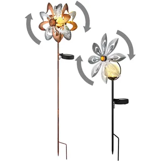 Solarleuchte Windrad Solarlampe Erdspieß Gartendeko Solar Gartenstecker gold silber, Metall, LED warmweiß, 2er Set