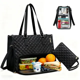 Chingcoo Lunchtasche Damen 2-in-1, 15,6 Zoll Laptoptasche & Isolierte Lunch Bag für Frauen, Elegante Multifunktionale Tragetasche für Arbeit, Uni, Büro & Reisen (Schwarz)