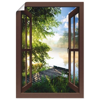 ARTland Poster Bild ohne Rahmen Wandposter 70x100 cm Fensterblick Fenster Landschaft Wald Natur See Angelsteg Sonne Frühling T1DZ