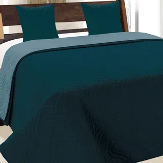 Euromat Tagesdecke Steppdecke Bettüberwurf Gesteppte Zweiseitig Tagesdecke mit 2 Kissenbezüge 40x40 cm- (Dunkle Türkis Blau- 11, 220x240 cm)