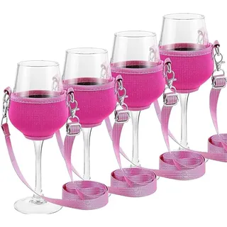 Yeehliny 4 Stück Weinglashalter Zum Umhängen Tragbare Weinglas Halterung zum Umhängen Becherhalter Verstellbarer Wine Glass Holder für Weihnachten Geburtstag Hochzeit Party (Rosa/Groß/24CM)