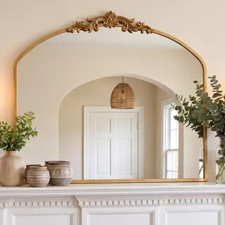 PERFNIQUE Gold Vintage Spiegel, 91 x 76 cm gewölbter antiker Barockspiegel für Wand, Messing Traditionelle kunstvolle Wanddekoration für Badezimmer Wohnzimmer Kamin Eingang Flur (91 x 76 cm)
