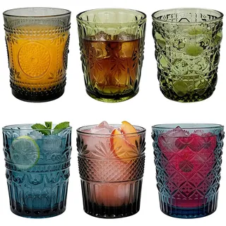 ZXBBTZ 6 Stück Bunte Gläser Vintage Trinkgläser Bunt Wassergläser Saftgläser 320ml Trinkgläser Set Modernes Geometrie Designs Blau Grün Grau Mehrfarbig Stapelbar für Gifts Cocktails Saft Büro