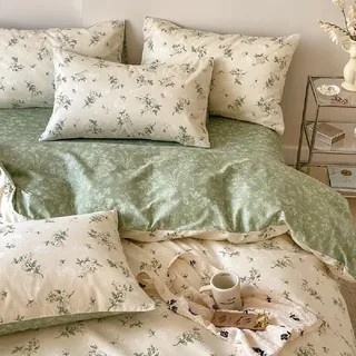 Lanqinglv Bettwäsche 200x220 Baumwolle Blumenmuster,Beige Grün Pflanzen | Oeko-TEX,Renforce Baumwolle,für Allergiker,Vintage Wendebettwäsche Bettbezug mit Reißverschluss und 2 Kissenbezug 80x80 cm