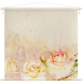 Bilderdepot24 Wandteppich modern Blumen Aquarell Rosen beige, quadratisch, Höhe: 2.6 mm, großes Wandbild aus Natur-Baumwolle Wandbehang Stoffbild Tuch Wollseil beige 145 cm x 145 cm x 2.6 mm