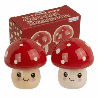 TopShop24you Salz- und Pfefferstreuer Kawaii Pilze (5x5x5 cm) – Süße Fliegenpilz Gewürzstreuer aus Dolomit im 2er Set, Lustige Tischdeko & Glückspilz Geschenk im Geschenkkarton