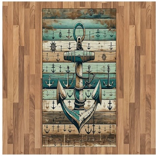 Teppich Flachgewebe Deko-Teppiche für das Wohn-,Schlaf-, und Essenszimmer, Abakuhaus, rechteckig, Nautisch Rustikaler Anker mit Holzoptik blau|braun