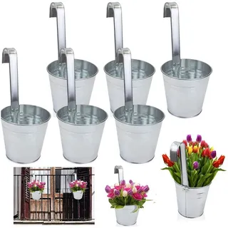 astor24 Pflanzkübel Hängetöpfe Zink (Blumentopf Garten Balkon Blumen Topf Kräutertopf Geländertopf, 6 Hängetöpfe), hochwertig verarbeitet silberfarben