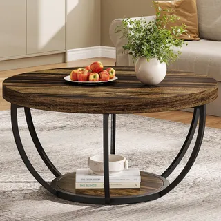 Tribesigns Couchtisch, industrieller runder Couchtisch mit Ablagen, zwei Ebenen, moderner Holzakzent, für Wohnzimmer, Heimbüro, 80,5 cm, rustikales Braun