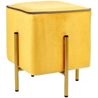Baroni Home Quadratischer Samt-Pouf-Fußhocker, gepolsterter Wohnzimmer-Pouf, Ottomane für das Schlafzimmer, gelb mit ockerfarbener Umrandung, 33x33x38 cm