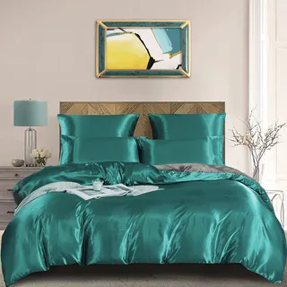 Damier Satin Bettwäsche 155x220cm Türkis Grau Glanzsatin Wendebettwäsche Set 3-teilig Seidig Glänzend Luxus Bettbezug mit Reißverschluss und 2 Kissenbezüge 80 × 80 cm