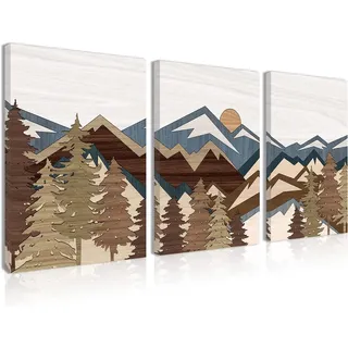 BINCUE Bergwald Wanddeko,Berge Wandbilder,Boho Leinwand Wandkunst,Abstrakte Sonne Wald Bilder Wohnzimmer,Modern Berg Wald Landschaft Bilder für Schlafzimmer Küche Badezimmer Deko(16X12 zoll)