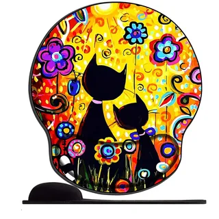 Mauspad mit Gelkissen - 26x23cm - Mousepad Ergonomisches mit Handauflage für schonende Handgelenk Haltung für das Home Office,Arbeiten,Lernen-Anime Katzen und Blumen