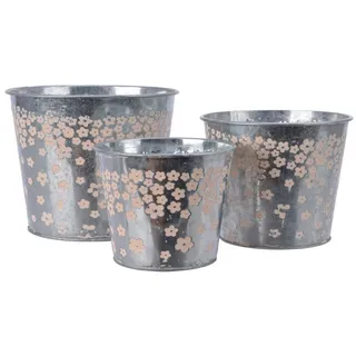 Kaemingk Übertopf Topf Blumentopf Pflanztopf Übertopf Zink rund mit rosa Blüten 3er Set
