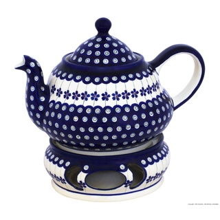 Bunzlauer Keramik Original Teekanne 1,5 Liter mit integriertem Sieb und Stövchen im Dekor 166a