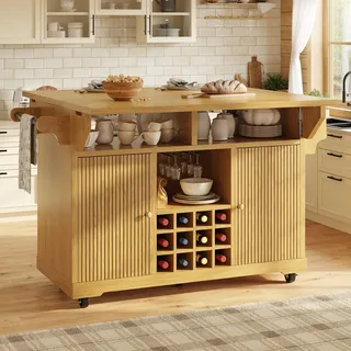 Küchenrollwagen mit ausklappbarer Arbeitsfläche, mobile Kücheninsel mit Stauraum, Weinflaschenhalter, verstellbaren Böden und Rollen, Naturbraun