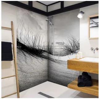 Bilderdepot24 Duschrückwand Strand schwarz weiß Duschrückwand ohne Bohren Dusche Natur, (2-tlg., 0,61 mm starke Folie selbstklebend Wandpaneele Dusche versch. Größen), fugenlose & wasserfeste Motiv Rückwand Wandverkleidung für Duschkabine schwarz 100 cm x 190 cm