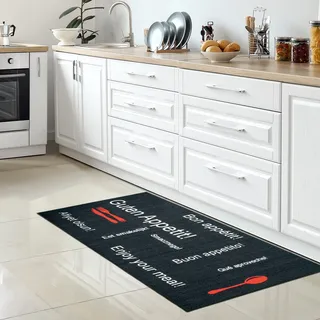 CARPETIA Teppich Läufer Küche Küchenläufer modern Flachgewebe Guten Appetit Schriftzug Besteck schwarz dunkel 80 x 150 cm