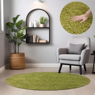 HomebyHome Shaggy Hochflor Teppich, 80 cm Rund, Grün, weich, flauschig, modern, einfarbig, Für Eingangsbereich oder kleine Nischen, für Wohnzimmer Schlafzimmer Flur