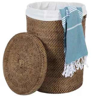 Rattan Wäschekorb Cleo Wäschebox Wäschsammler Aufbewahrung rund mit Deckel und Innensack Ø35 cm x Höhe 50 cm Größe L LOM20022