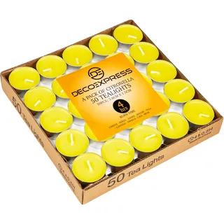 Deco Express Citronella Teelichter, 100er- oder 50er-Pack Duftkerzen Teelichter 4 oder 8 Stunden Brenndauer (4 Stunden x 50)