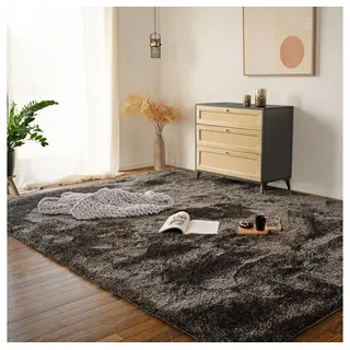 Hochflor-Teppich SOFI - Schadstofffrei & Fußbodenheizung geeignet, HOME DELUXE, rechteckig, Höhe: 43 mm, I Langflor, flauschiger Teppich schwarz