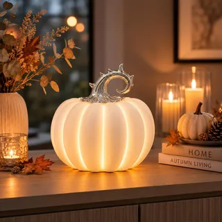 Jumbos Dekowelt Kürbis LED Porzellan Weiß mit Silberstiel – Herbstdeko & Halloween Deko, warmweißes LED-Licht, 6H Timer, batteriebetrieben, eleganter Deko Kürbis für Tisch, Sideboard & Fensterbank