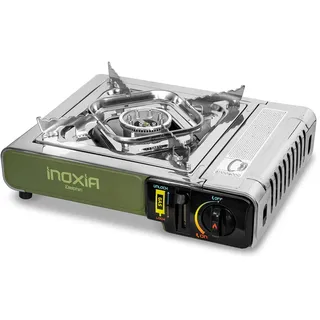 Delphin Camping Gaskocher Inoxia mit Transportkoffer 2,2kW Edelstahl Campingkocher mit Kartusche Piezo Zündung Outdoor Kochplatte 2200W tragbar Notfallkocher für Angeln Outdoor Küche