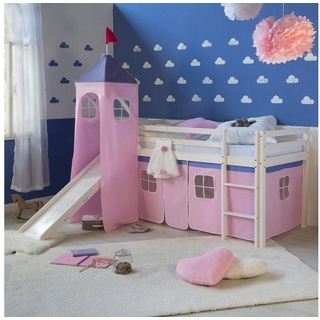 Homestyle4u Hochbett Spielbett Kinderbett Rutsche Turm rosa 90x200 (Bettvorhang waschbar bei 30 Grad Maschinenwäsche)