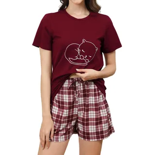 Reliwel Schlafanzug Damen Kurz Baumwolle Pyjama Set Kurzarm Nachtwäsche Set Sommer Zweiteiliger T-Shirt und Damen Pyjamahose Sleepwear Hausanzug Loungewear - S