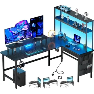 HLONONE 170 x 100 cm Gaming Tisch mit LED, Eckschreibtisch mit Steckdose | Reversibel, 3 USB-Anschlüssen, Monitorständer, Aufbewahrungstasche & Schublade, für Homeoffice und Gaming, Schwarz