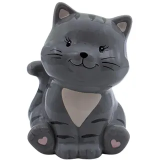 Spardose Katze, Katzenspardose, Kindersparbüchse Katze, Sparschwein Katze, Sparfigur, Kinderspardose, Spartier, Sparkatze, Dekokatze mit Sparfunktion aus Keramik in grau, L/B/H 10 x 12 x 16 cm.
