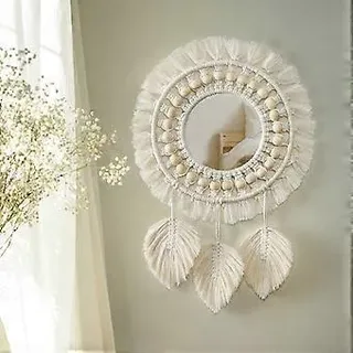 Hängender Wandspiegel Mit Makramee-fransen, Runder Boho-antik-spiegel Mit Holzperlen Und Federanhänger Für Wohnzimmer, Schlafzimmer, Babyzimmer