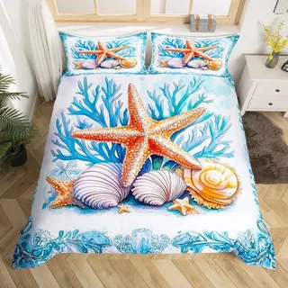 Loussiesd Ozean Bettwäsche Set 135x200cm Seesterne Bettbezug für Kinder Mädchen Jungs Muscheln Betten Meeresleben Meer Bettwäsche-Set Benzo Blau