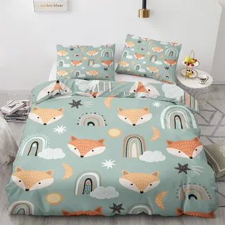 Winter Bettwäsche 135x200 Kinder Mädchen - Fuchs Regenbogen Bettbezug 135x200 2er set, Weich Warme & Bügelfrei Mikrofaser Bettwäsche-Sets, Wendebettwäsche mit Reißverschlus und 1 Kissenbezug 80x80