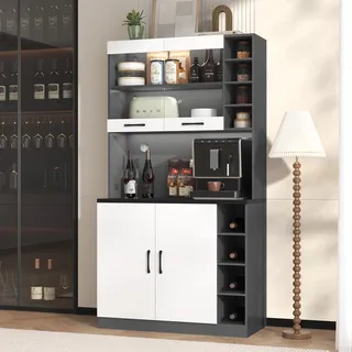 Merax Küchenschrank, Buffetschrank mit LED und Kabel Löchern, Küchenmöbel mit Schrank, Glastür und Verstellbare Einlegeböden, Freistehend Küchenbuffet für Küche, Esszimmer, 100x47x187cm (Weiß)